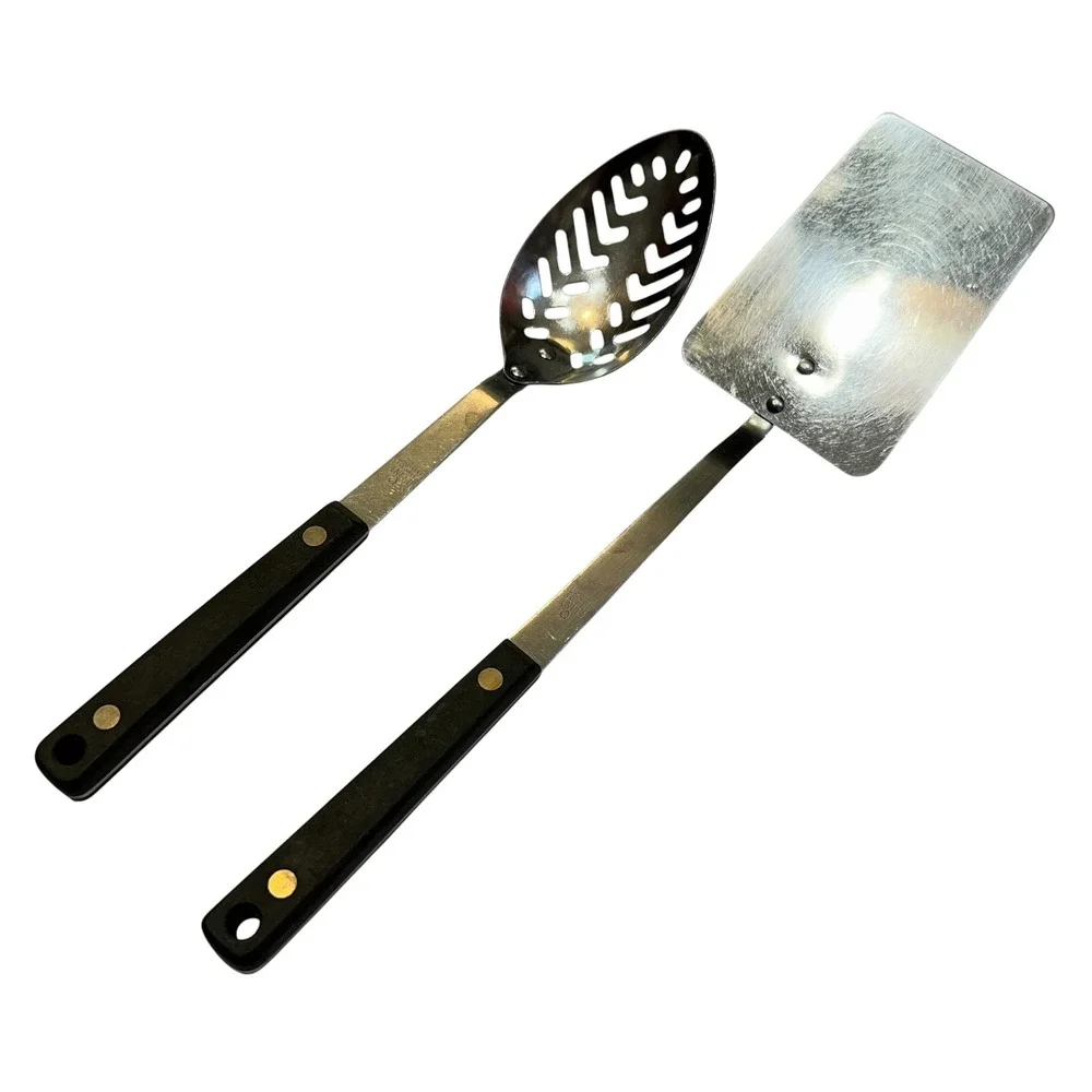 Vintage‎ Flint Ekco Stainless Vanadium Slotted Spoon and Spatula Set USA Black